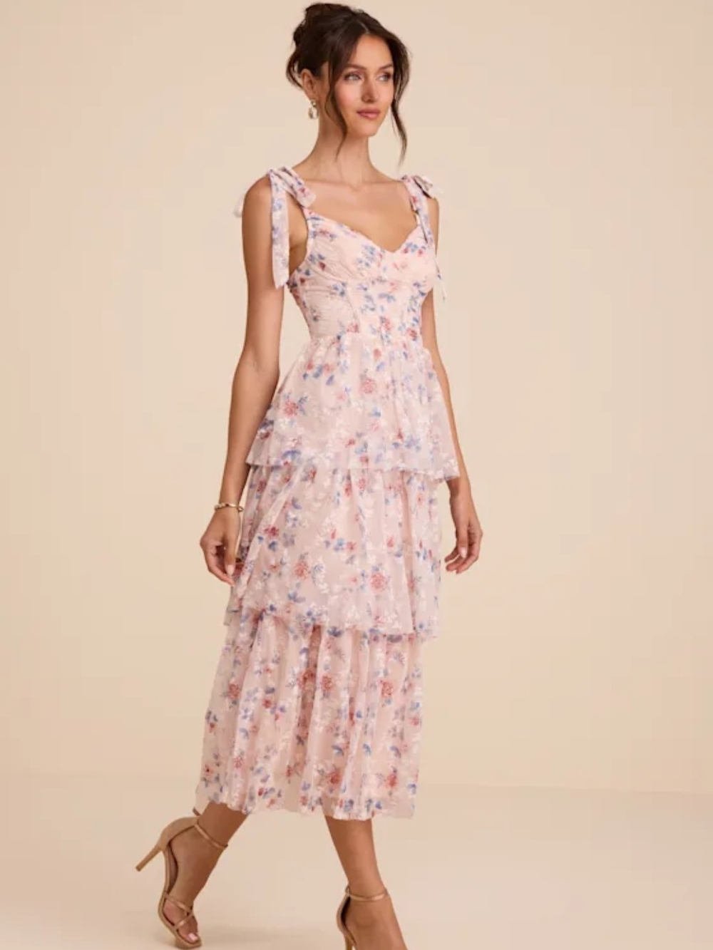 Lulu's Blush Floral Tie-Shoulder Tiered Midi Dress
